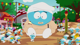 Cartman seen integrating into the Smurfs' community.