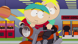 Cartman riding a mechanical motorcycle with Butters, seen in "Super Fun Time".