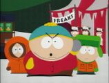 Cartman attempting to throw a ball for Terrance and Phillip dolls in "Cow Days".