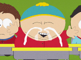 Cartman laughing so hard milk spews out of his nose in "Cherokee Hair Tampons".