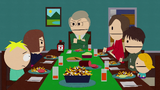 Thomas eating with his family and Butters.