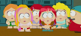 Cartman flipping off Millie, Bebe, Sally, Red, and Annie in "Stupid Spoiled Whore Video Playset".