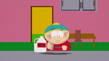 Cartman about to drink Kenny's ashes, thinking it was chocolate milk mix.