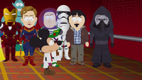 A First Order Stormtrooper and Kylo Ren standing between Randy Marsh