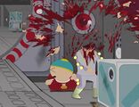 Cartman witnessing someone's head getting blown off, seen in "Go God Go".